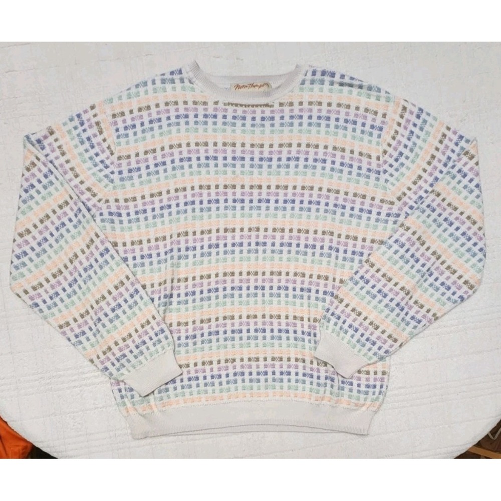 Vintage Norm Thompson Sweater Mens L 3D Patchwork Grandpa Coogi Style